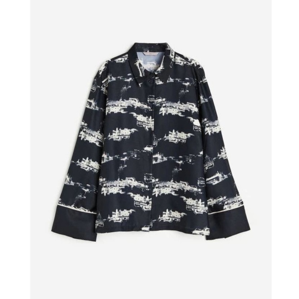 H&M EUC Printed Satin Button Down Shirt Blouse Top Size S Relaxed Fit Navy White - Picture 2 of 5